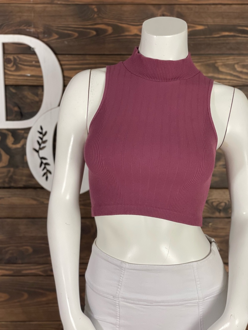 Bozzolo | Ribbed Mock Neck Crop Top Mauve Pink Purple